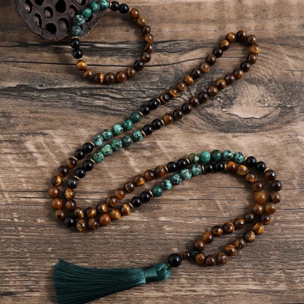 African turquoise, obsidian and tigers eye mala and bracelet set - Picture 3 of 4